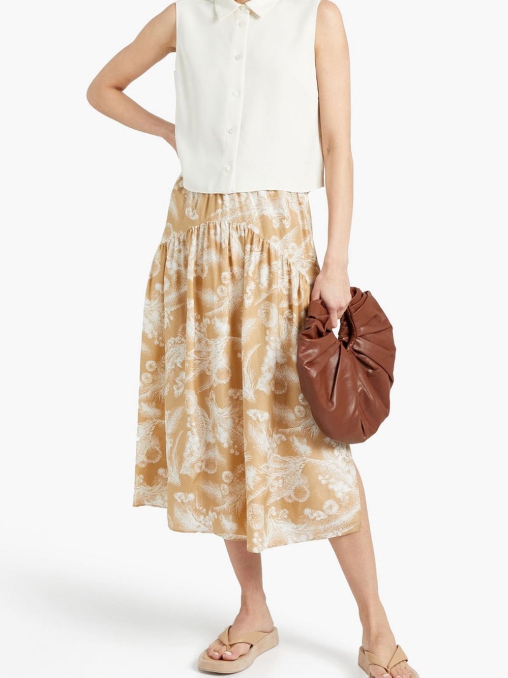 VINCE. Gathered Printed Silk Midi Skirt Tan White 100% silk